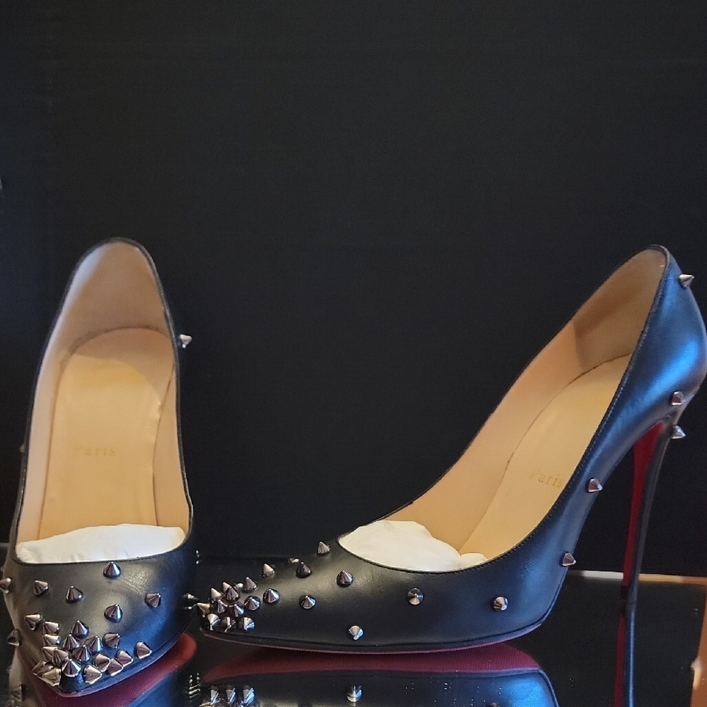 Christian Louboutin Studded Black Kid Leather 100Heel Sz 37.5